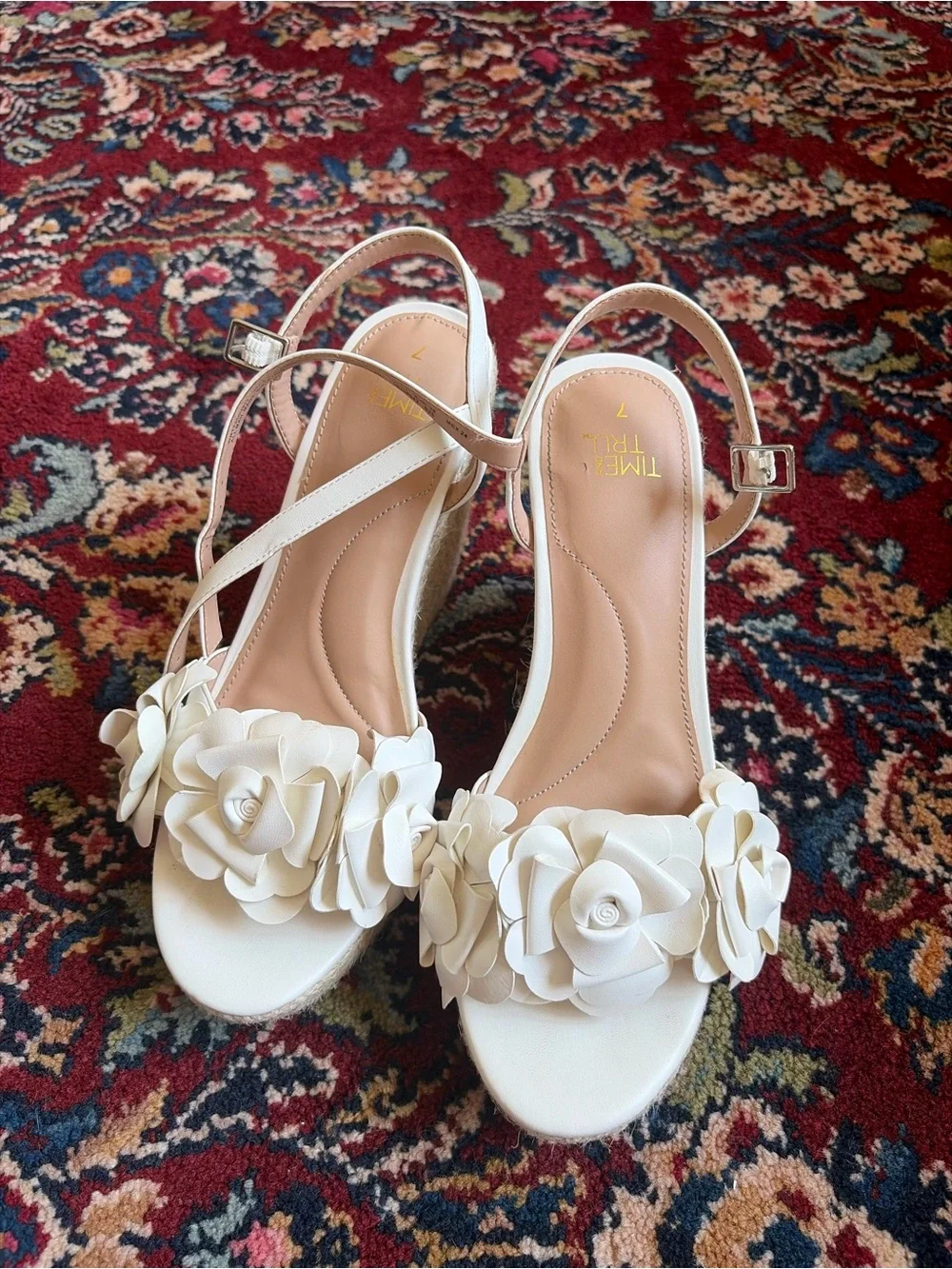 White Floral Espadrille Wedge Sandals - Women's